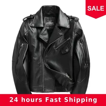 

2020 Black Men Slim Fit Biker's Leather Jacket Large Size XXXXL Genuine Cowhide Autumn American Style Motorcycle Leather Coat