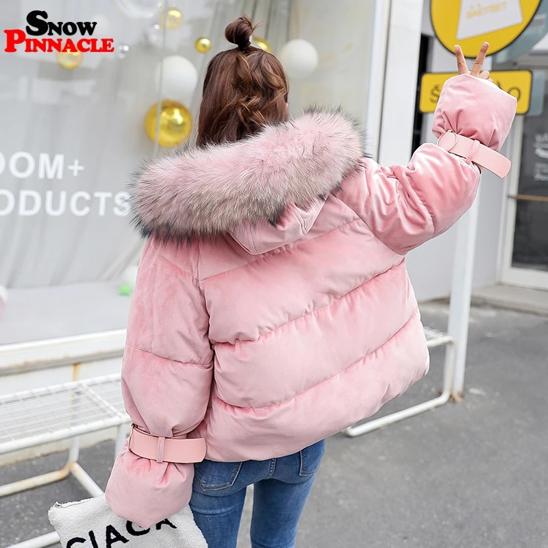 SNOW PINNACLE Autumn Winter short parkas jacket Pink flannel fabric big fur thick warm hooded jacket coat Styled fashion parka