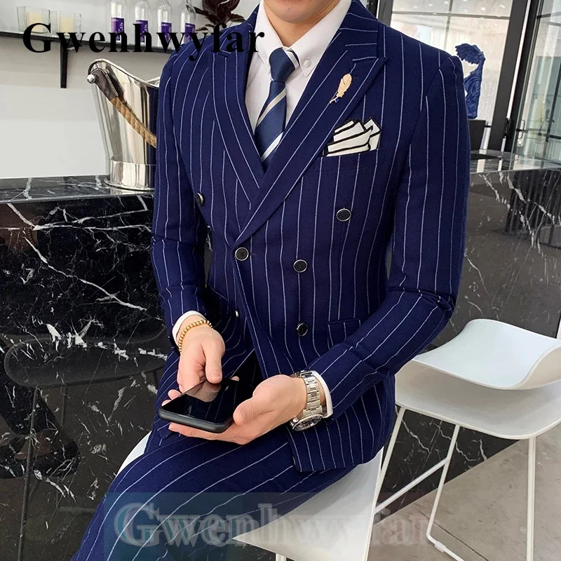 

Gwenhwyfar 2023 Fall Fashion New Style 2-PieceS Set Navy Blue Stripe Men's Casual Groom Wedding Tuxedo (Blazer Pants Bow Tie)