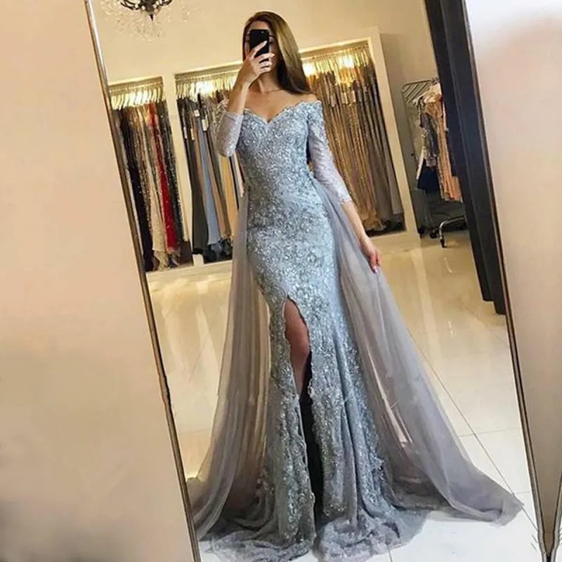 

African Mermaid Prom Dresses Detachable Train Long Sleeves V Neck Appliques Sparkly Formal Evening Gowns Vestido de Fiesta