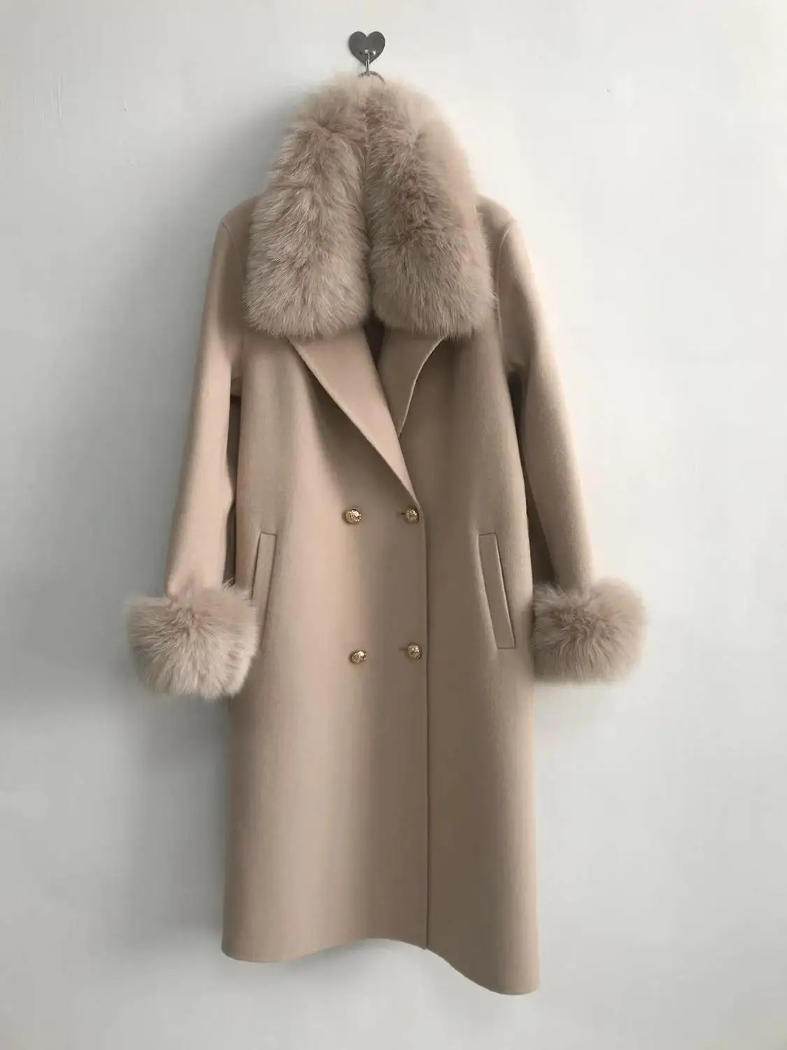 QIUCHEN PJ19100 Новое поступление Высококачественная кашемировая Женская куртка с воротником из натурального Лисьего меха и манжетами модная модель - Цвет: beige