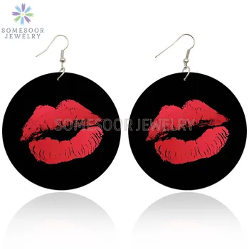 

SOMESOOR Vintage Big Red Lips Painted Wooden Drop Earrings 6CM Round Pendant Loops Bohemain Ear Dangle Jewelry For Women Gifts