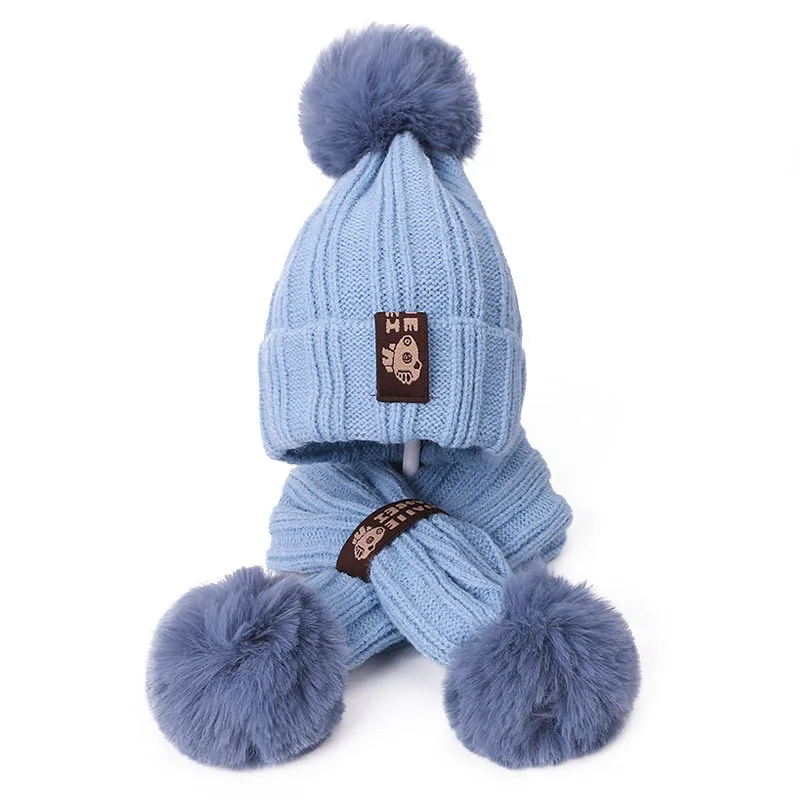 

Children's Pompom Knit Hat woolen caps for Girl warm knitted hat and scarf set cloth label boys