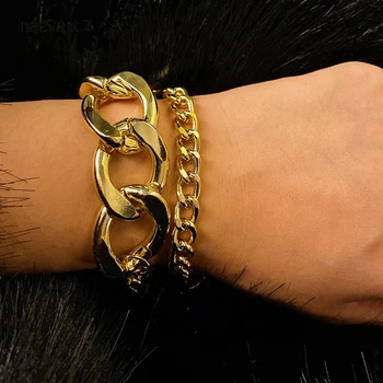 

IngeSight.Z 2Pcs/Lot Punk Hip Hop Curb Cuban Bracelets Bangles Charm Gold Color Chunky Thick Metal Bracelets Women Men Jewelry