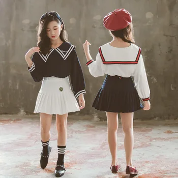 

Spring and autumn new 5-11 year old children's college style suit girls baby shirt short dress princess baby two-piece suit