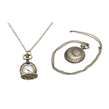 

2Pcs Quartz Vintage Bronze Arabic Numeral Necklace Pocket Watch - Hollow Butterfly & Shape Geometric