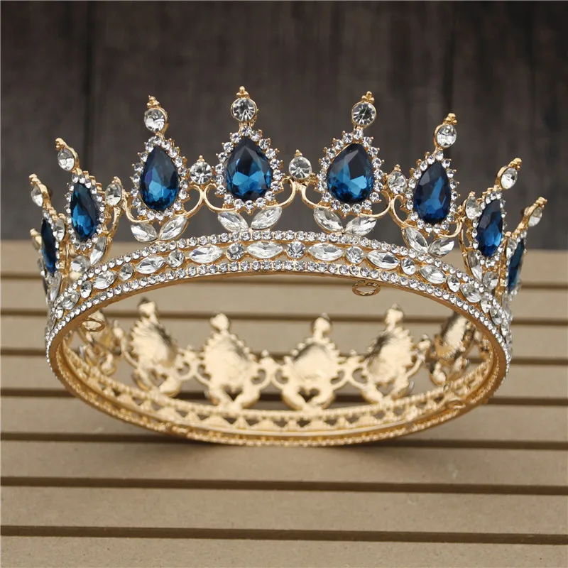 Gold Peacock blue Свадебная корона в стиле барокко с цветком из розового золота диадема и короны королевская Королева Король свадебная диадема украшения для волос - Окраска металла: Gold Peacock blue