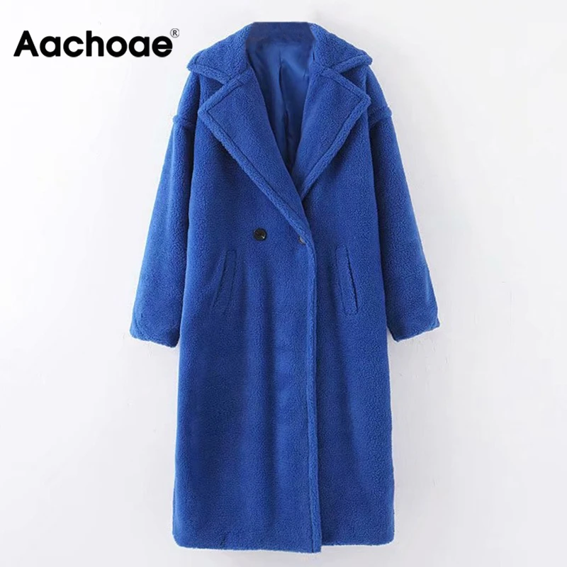 Aachoae Winter Casual Solid Teddy Coat Women Long Sleeve Fleece Long Jacket Turn Down Collar Lamb Fur Coat Outerwear Fourrure