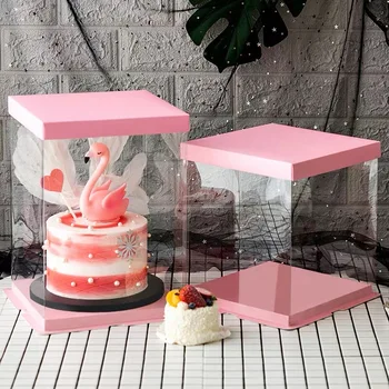 

5Pcs/lot Transparent Pink Cake Gift Box for Artificial Teddy Bear Rose Clear PVC Square Cake Display Packaging boxes large