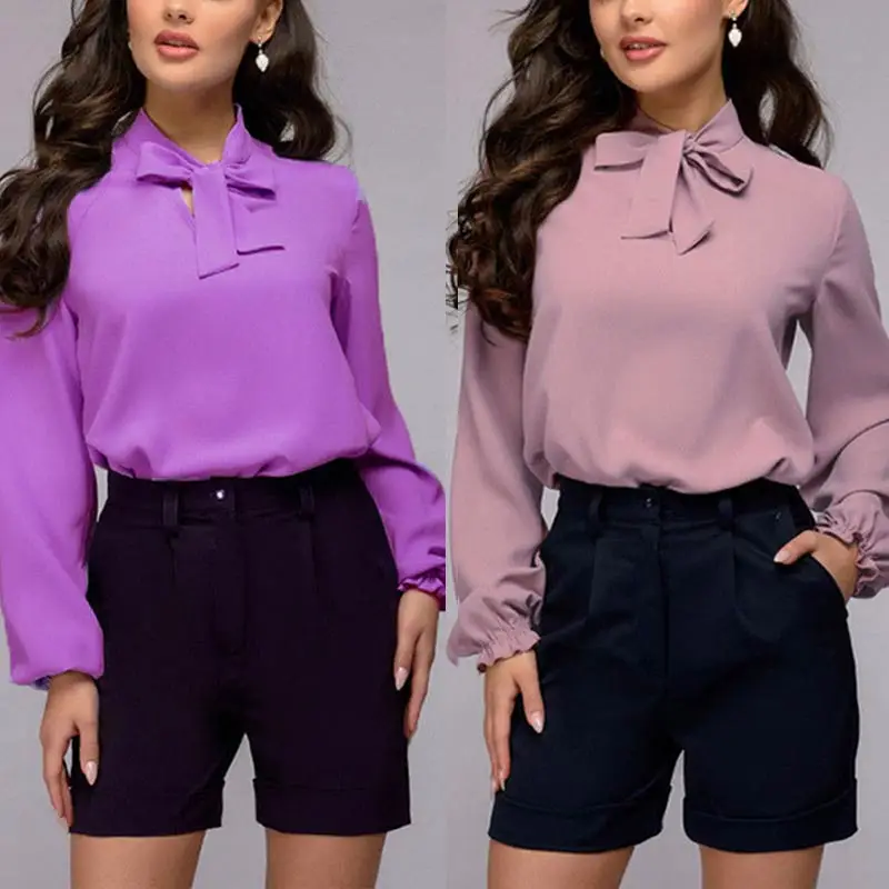 

Chiffon Loose Elegant Bow Tie 1PC Dark Purple Light Purple Comfortable Women Shirt Spring Autumn Soft Pink