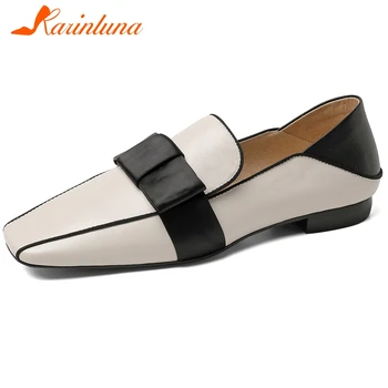 

KARINLUNA New Fashion Ladies slip-on Genuine Leather Loafers Elegant mixed-color Flats Women Brand Square Toe Shoes Woman