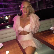 Tobinoone Пышное Платье с рукавом-бабочкой, сексуальное Сетчатое платье с v-образным вырезом, женские платья в стиле бохо с оборками, ретро хиппи, короткие платья для вечеринок, vestidos