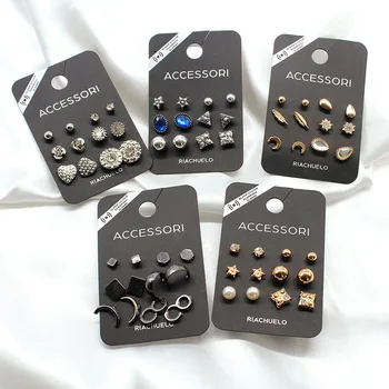 

6Pair/Set Women Stud Earrings Sets Cute Fashion Black Earrings Feather Moon Star Metal Party Christmas Gifts For Women Jewelry