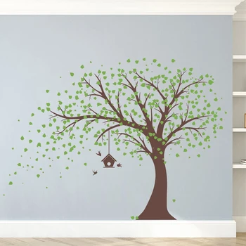 

Large Windy Tree Wall Decal with Birdhouse Dark Grey Trunk with Lime Green Leaves Mural Art Home Decor Removable WE39