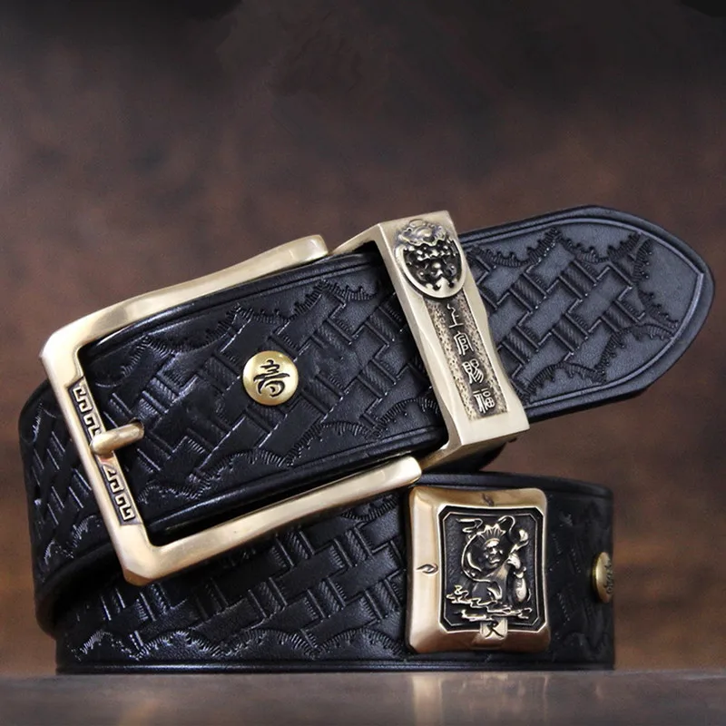 

Ремни ручной работы из натуральной кожи для мужчин и женщин, дизайнерские медные, с тисненой пряжкой из воловьей кожи