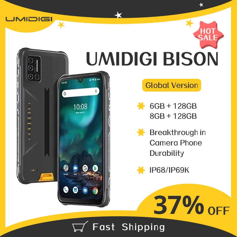 UMIDIGI BISON Smartphone Android 10 NFC 6/8GB+128GB IP68/IP69K Waterproof Rugged Phone 48MP Matrix Quad Camera 6.3