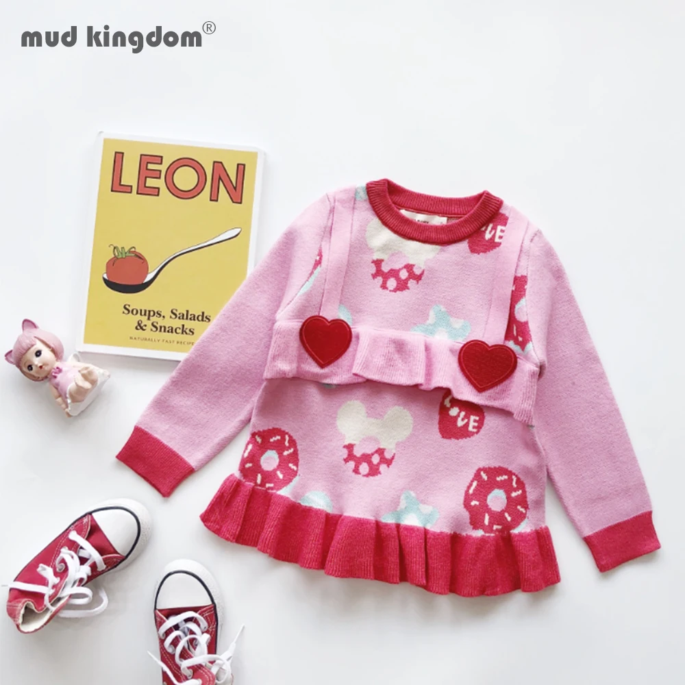 

Mudkingdom Autumn Winter Girls Heart Knitted Sweater Baby Kids Ruffle Cartoon Patternr Toddler Pullover Tops