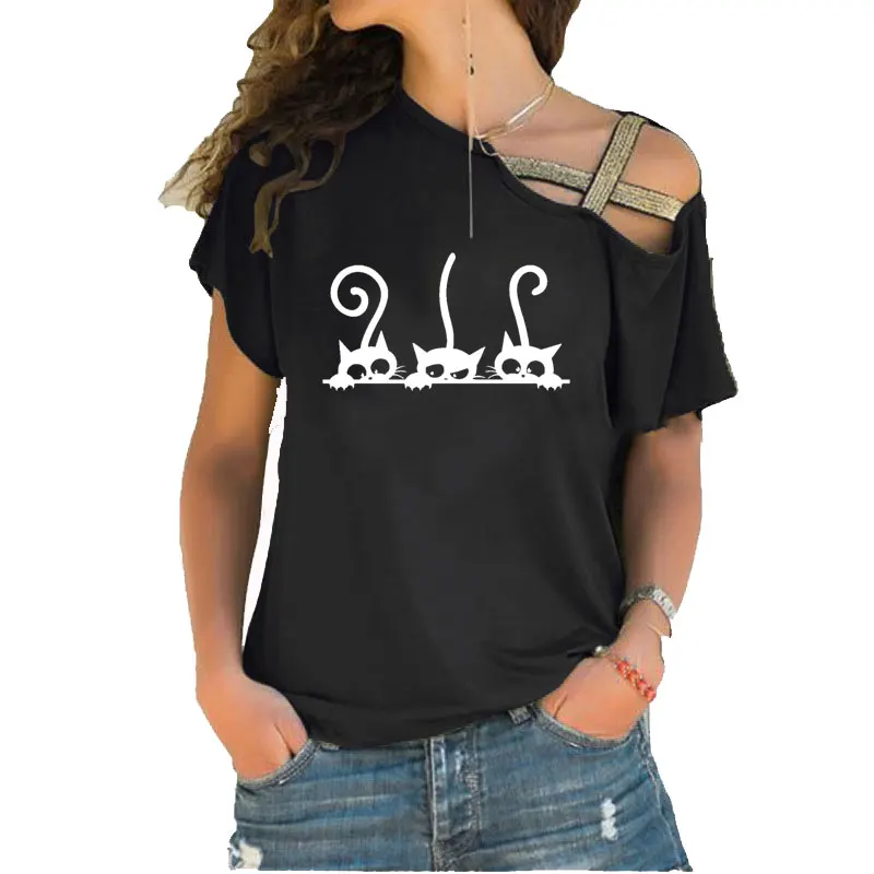 

Женская Асимметричная футболка с принтом кошек, летняя хлопковая футболка с коротким рукавом и перекрестным поясом