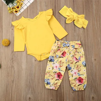 

Newborn Toddler Baby Girls free shipping Clothes Floral print Pants solid bow Headband Ruffle long sleeve Bodysuit 3pc Outfits