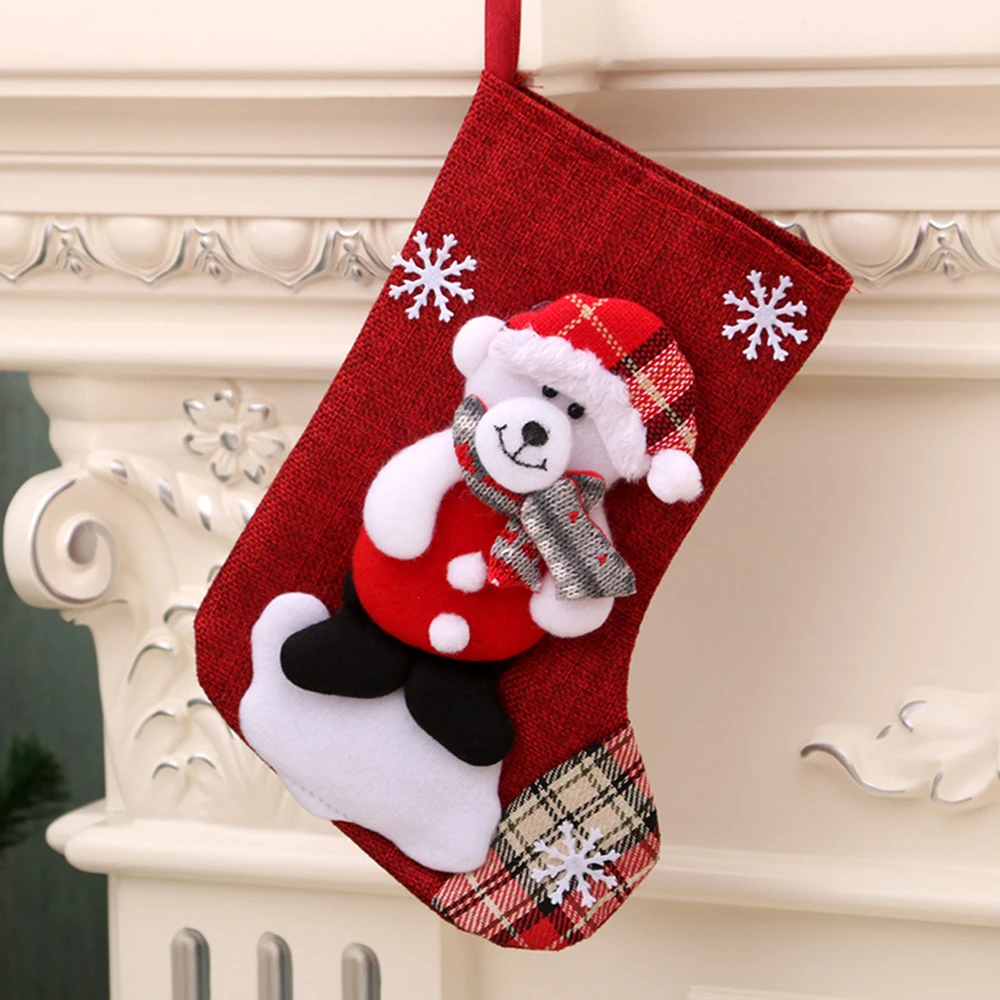 Средние льняные рождественские носки Рождественские украшения Рождественские подарочные пакеты Рождественский подвесной носок 4