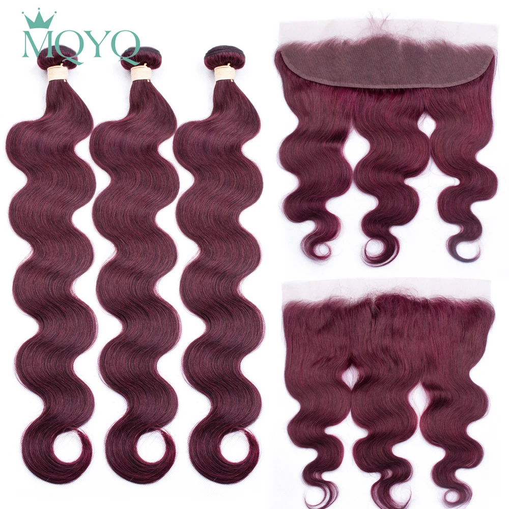 

MQYQ Red 99J Peruvian Body Wave Human Hair Weave 3 Bundles With Lace Frontal Remy Hair with Free Part Lace Closure