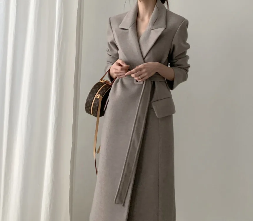 Genayoa, зимнее пальто, Женский Тренч из смеси шерсти с поясом, теплое зимнее шерстяное пальто, Женское пальто с длинным рукавом, длинное, корейский стиль