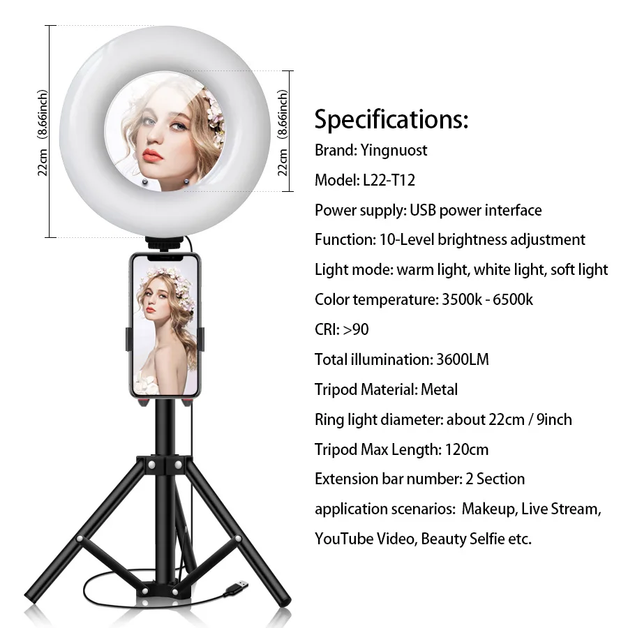 Photography makeup mirror LED Selfie Light 22CM Dimmable make up Camera Phone Lamp Table Tripods phone holder stand USB Cable