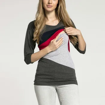 

New Maternity Dress Geometric Color Matching Invisible Breastfeeding Clothes Seven-point Sleeve T-shirt Nursing Top Womens Tops