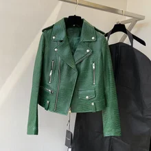 

Short Length Coat Spring Women 2022 New Fashion Green Color Genuine Leather Jacket Crocodile Texture High Quality Locomotive