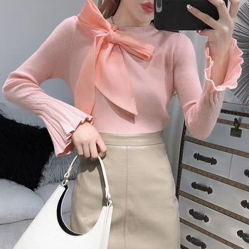 

2019 Winter Tops For Women Elegant Bandage Bow Tie Flare Sleeve Knitted Sweater Women Pink White Black Pullover Pull Femme