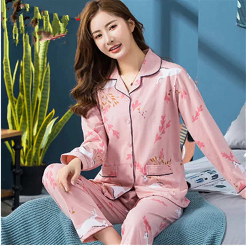 UHYTGF pajamas womens cotton long sleeve printing comfortable spring autumn nightie for women loose big size home clothes 1753