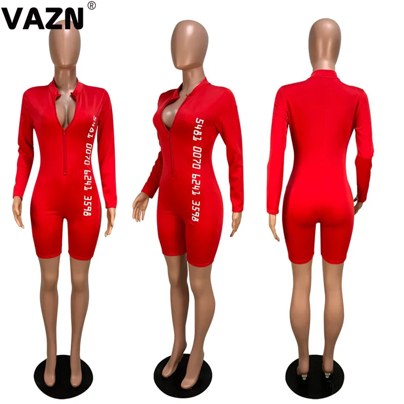 VAZN GCY11085 специальный продукт летняя сексуальная леди 2 цвета комбинезон с длинными рукавами на молнии, обтягивающий комбинезон с надписью