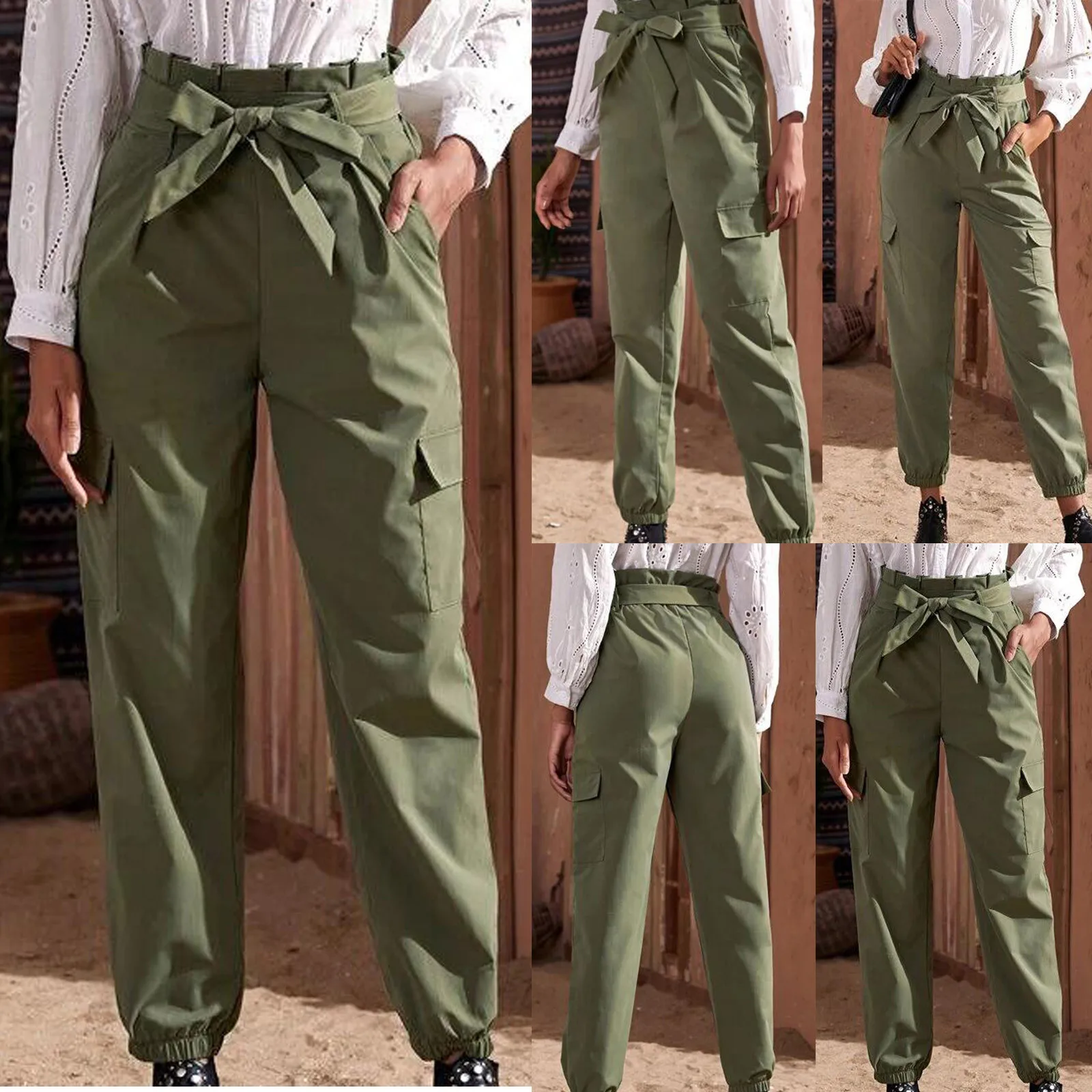 

Women's Cargo Pants Workwear Style Flower Bud Head Bandage Pockets To Close The Feet Casual Trousers - Pantalones