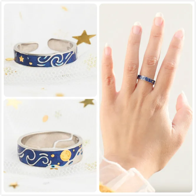 

Quinby Enamel Starry Sky Couple Ring 925 Sterling Silver Rings For Women/Men Adjustable Finger Ring Wedding Promise Rings Q5