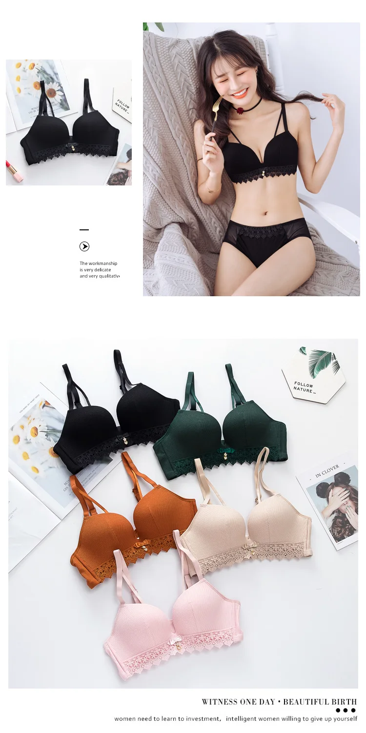 Wasteheart Autumn Green Pink Women Fashion Female Bralette Seamless Bra Cotton Cup A B Lace Bow Padded Maiden Bra Underwear