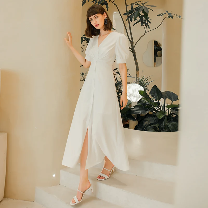 

YIGELILA Fashion Women Summer Dress Elegant V-neck Lantern Sleeve White Dress Empire Slim Ankle-length Dress 65881