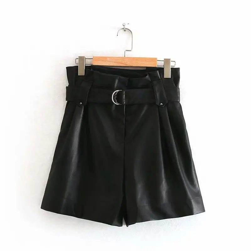 Black High Waist Shorts Women Clothing Imitation Leather Casual Shorts With Belt Fashion Short Pants Streetwear