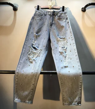

2020 Spring New Heavy Industry Diamond Beaded Hole Jeans Pants Female High Waist Slim Straight Jeans Women's Denim Trousers