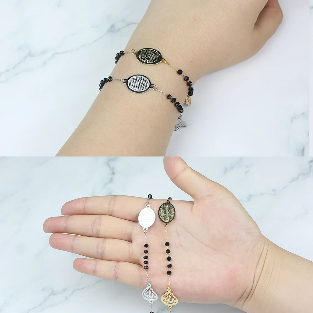 B201 Stainless Steel Muslim Arabic Charms Bracelet Black Color Faceted Glass Beads Bracelets For Islam Rosary Jewelry bracelet jewelry