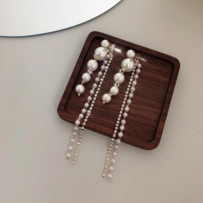 Korean Fashion Full Pearl Long Tassel Rhinestone Drop Earrings for Women New Design Hangable Ear Line Earring Jewelry