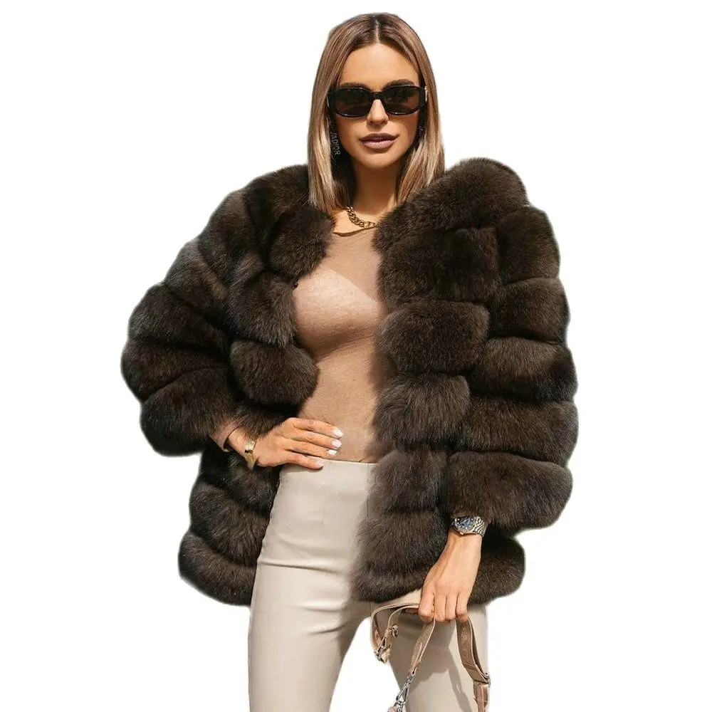 Trendy Women Real Fox Fur Jacket Round Collar Dark Sable Color Genuine Fox Fur Coat Female Winter Fashion Fur Overcoats Luxury