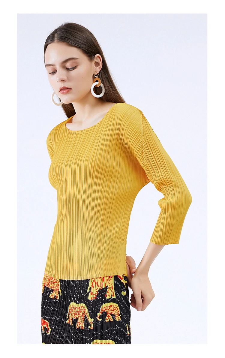 Miyake Pleated Boatneck T-Shirt  Women’s Long-sleeves Loose Large Plus Size Aesthetic blouses pleats Tops T-Shirts for woman in yellow  Womens Fall Autumn Korean Japanese Issey designer Fashion clothes 