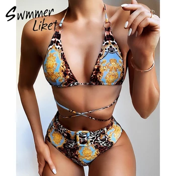 

Summer 2020 sexy two piece suit Belt high waist separate swimsuit female bathing suit Triangle bandage swimwear women swimming