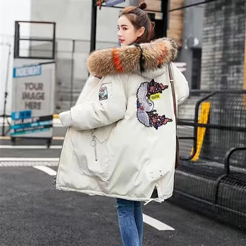 

Winter Jacket Women 2022 New Embroidery Casual Hooded Warm Cotton Padde Coat Female Loose Black Long Parka Mujer