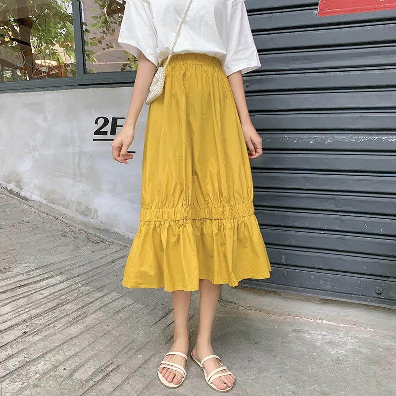 

Skirt Women's Dress 2019 New Style Summer Korean-style Sense of Design Non-mainstream Elastic Waist Solid Color Versatile Skirt