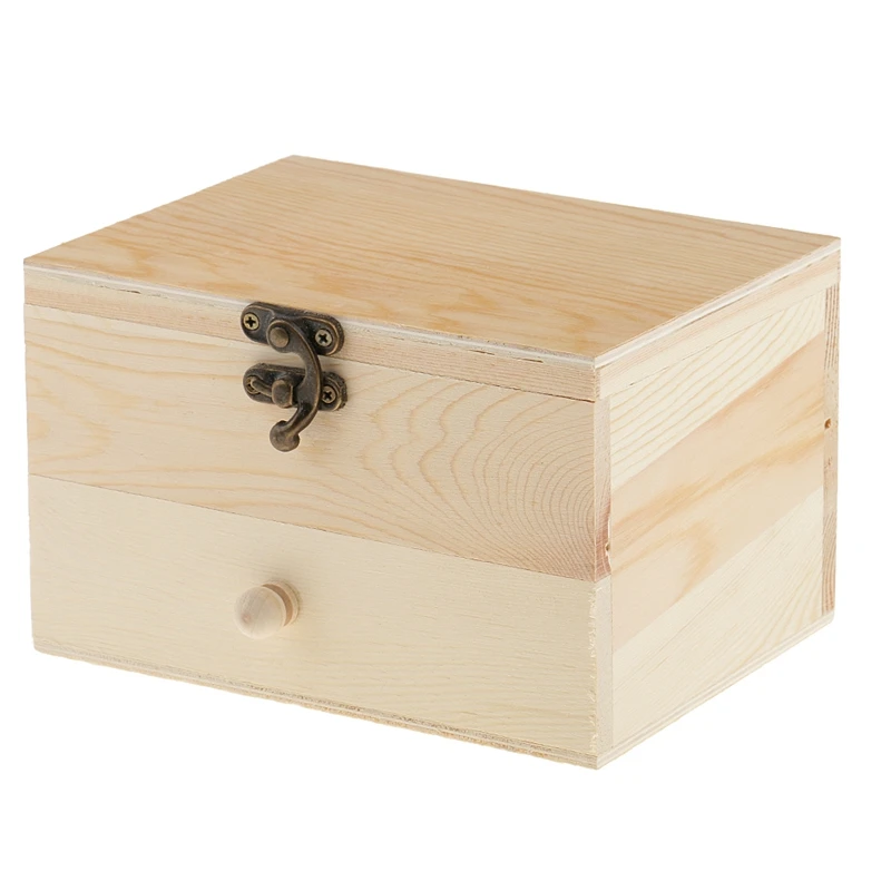 

2 Tiers Unpainted Natural Wood Drawer Jewelry Box Case Holder Storage Organizer DIY Handmade Crafts Trinkets Container
