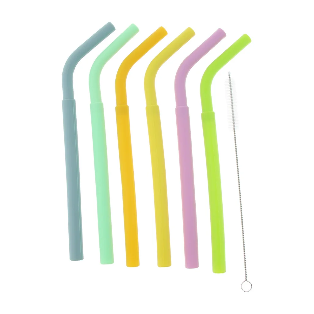 6x BPA Free Silicone Flexible Reusable Straight Bendy Drinking Straws + Cleaning Brush Set
