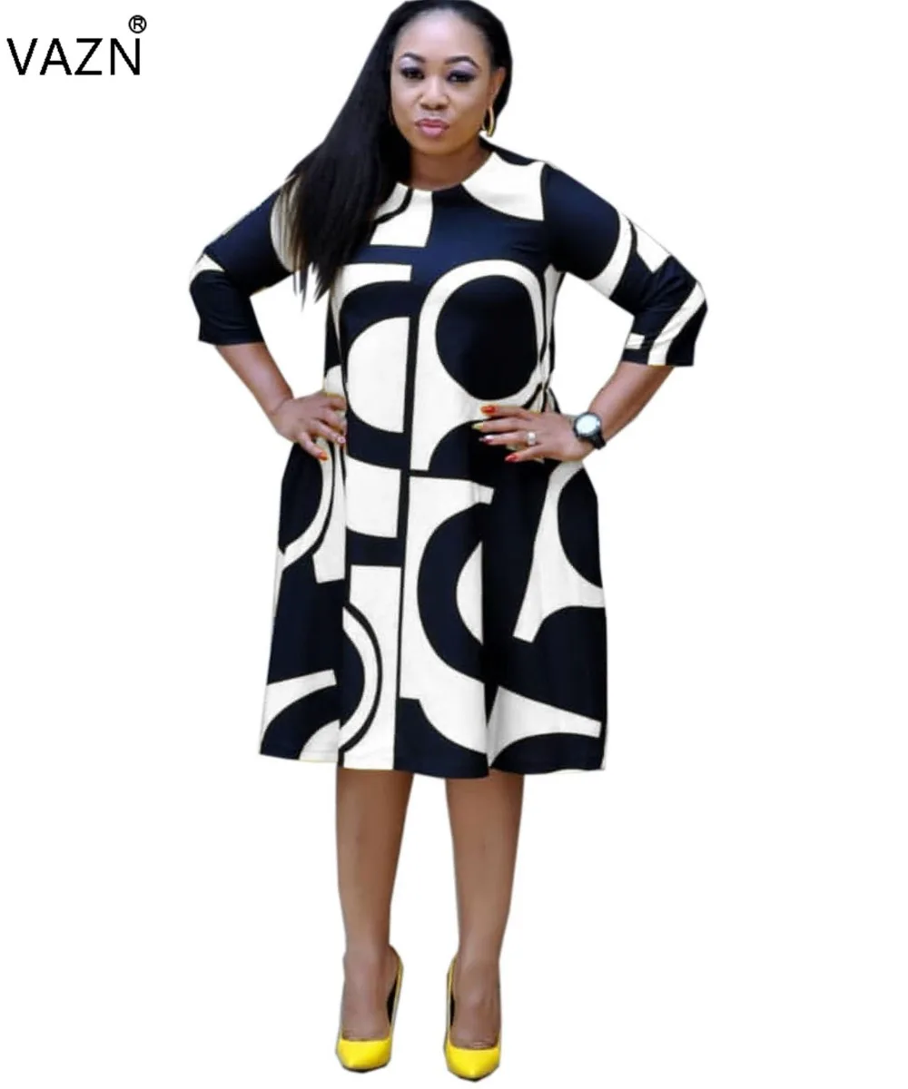 VAZN JLY1892 elegant formal style dresses seven points sleeve round neck printed dresses pockets loose knee-length dresses
