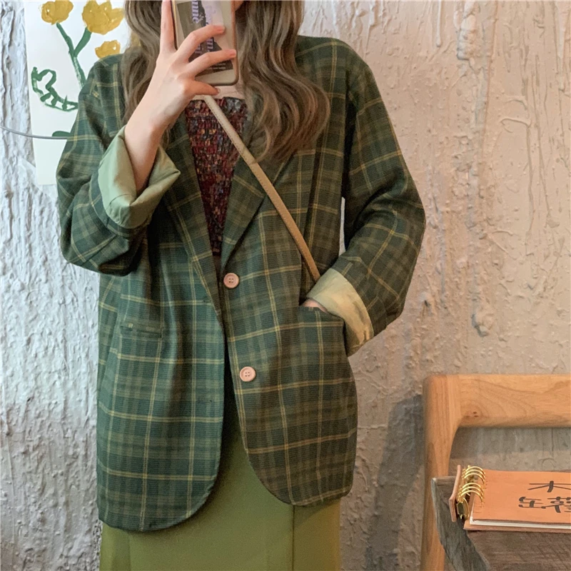 Autumn Clothing Korean-style Retro Plaid Loose-Fit Long Sleeve Suit Jacket+ High-waisted Slit Mid-length Skirt WOMEN'S Suit