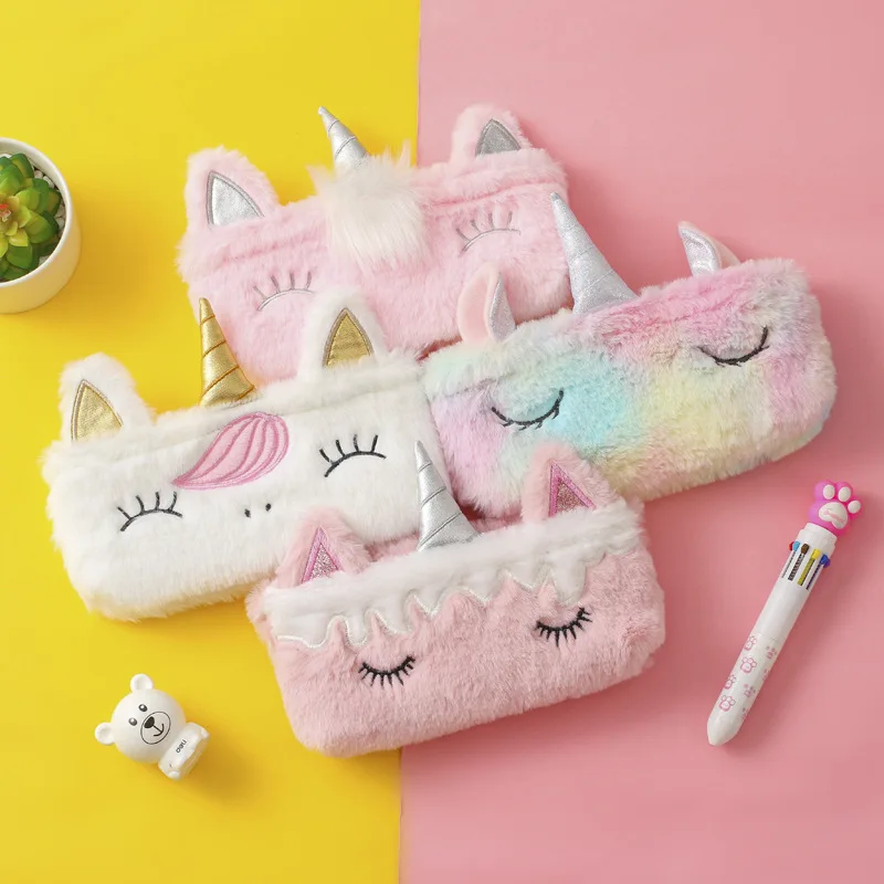 Прямая поставка, милая мультяшная Сумка-карандаш Kawaii из искусственного меха, канцелярские принадлежности, для офиса, школы, для детей, подарок с Unicorn, плюшевая Сумка-карандаш